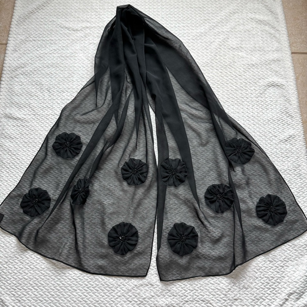 VTG Sheer Black Floral 3D Appliqué Scarf Wrap Romantic Gothic Whimsigoth Beaded